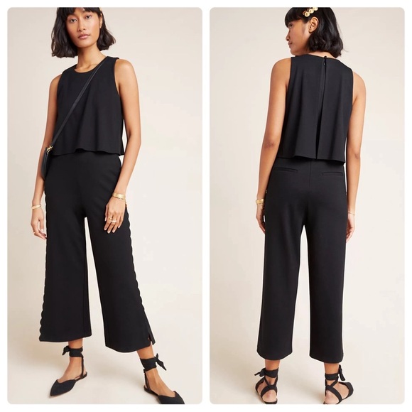 Anthropologie Essential Cropped Freya Scalloped Jumpsuit - Black Sz. 0 Sz. XS - Picture 1 of 11
